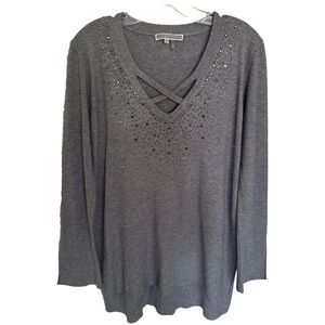 Liquid by Sioni Gray Sweater Top Size M Studded Blend Long Sleeve Embellished